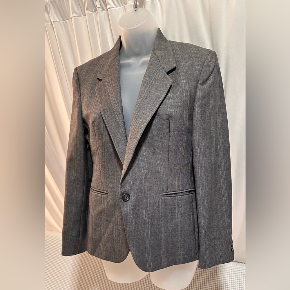 Nordstrom Lady Claridge Collection Gray Pinstripes Herringbone Blazer Pure Wool